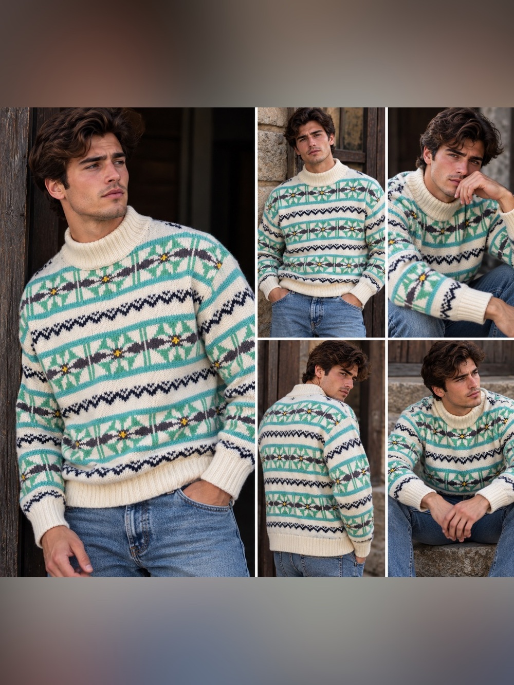 American Eagle Men's Fair Isle Chunky Knit Mock Neck Sweater Cream Mint S